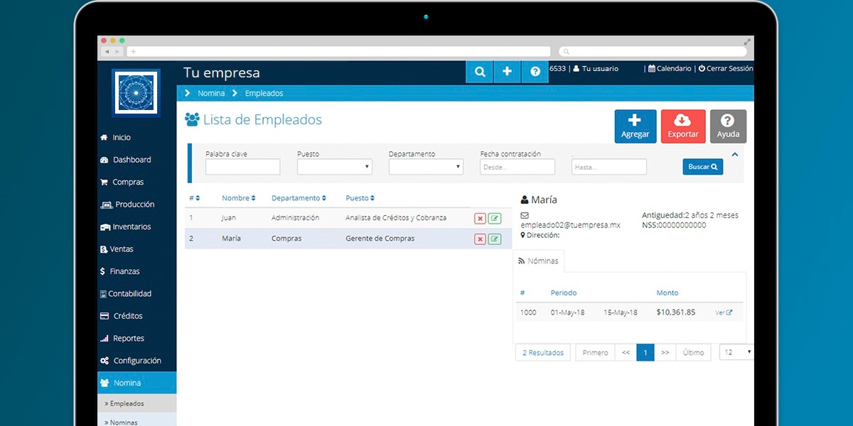 Listado de empleados en modulo de nomina de Bind ERP