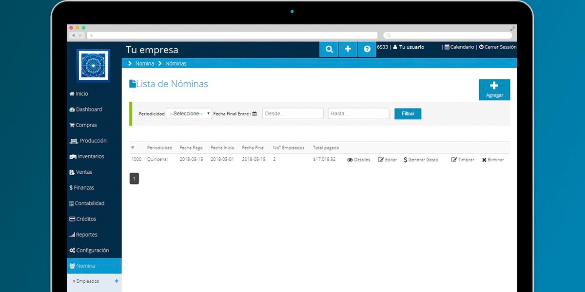 Listado de nominas en modulo nominas de Bind ERP